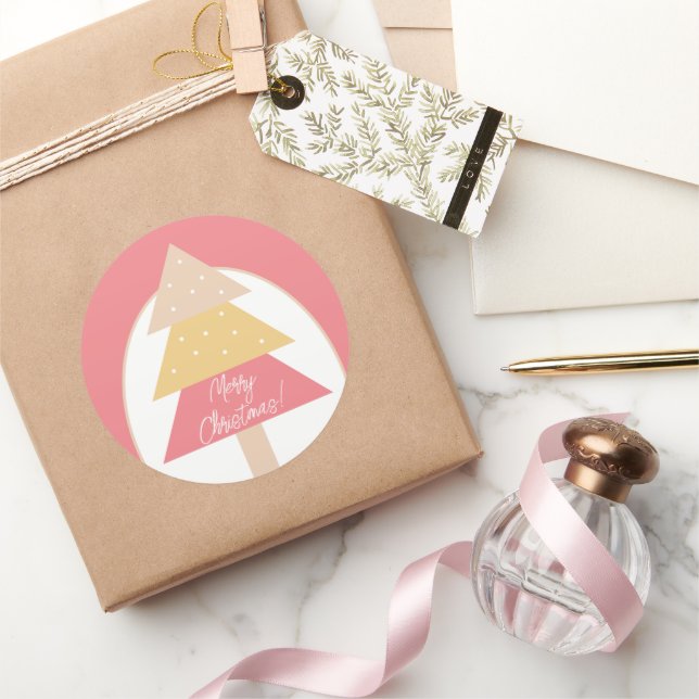 Pegatina Redonda Elegante Árbol de Navidad Geométrico Rosa Merry (Regalar)