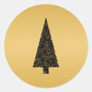 Pegatina Redonda Elegante árbol de Navidad. Negro y oro.