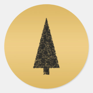 Pegatina Redonda Elegante árbol de Navidad. Negro y oro.