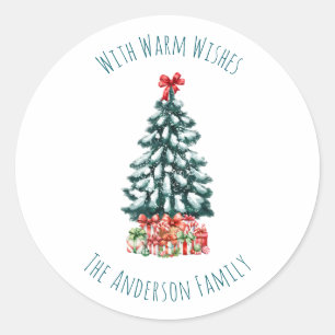 Pegatina Redonda Elegante árbol de Navidad nevado personalizado bla