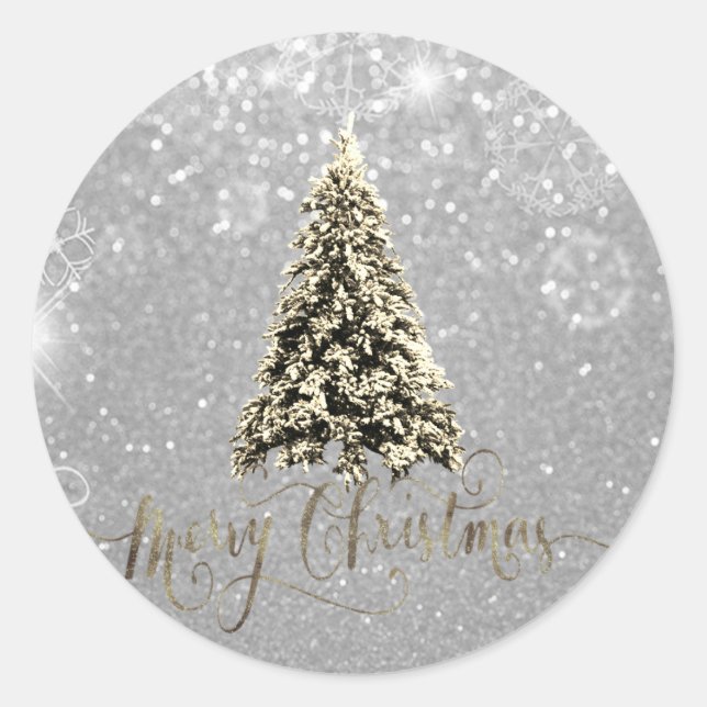 Pegatina Redonda Elegante árbol de Navidad plateado con brillo (Anverso)