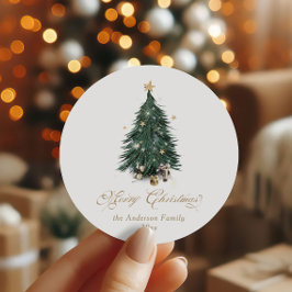 Pegatina Redonda Elegante árbol de Navidad verde dorado