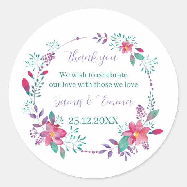 Pegatina Redonda Elegante árbol púrpura deja matrimonio personaliza (Anverso)