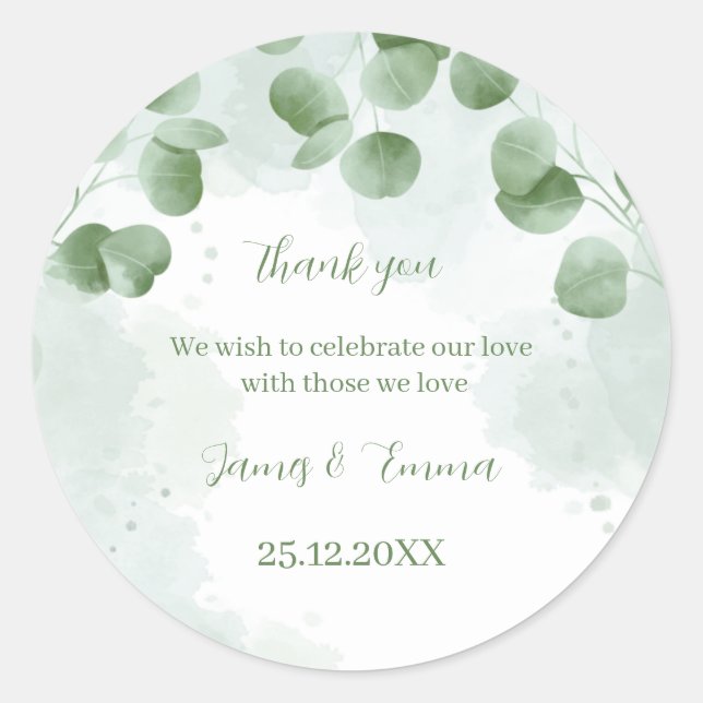 Pegatina Redonda Elegante árbol verde deja Boda personalizado (Anverso)