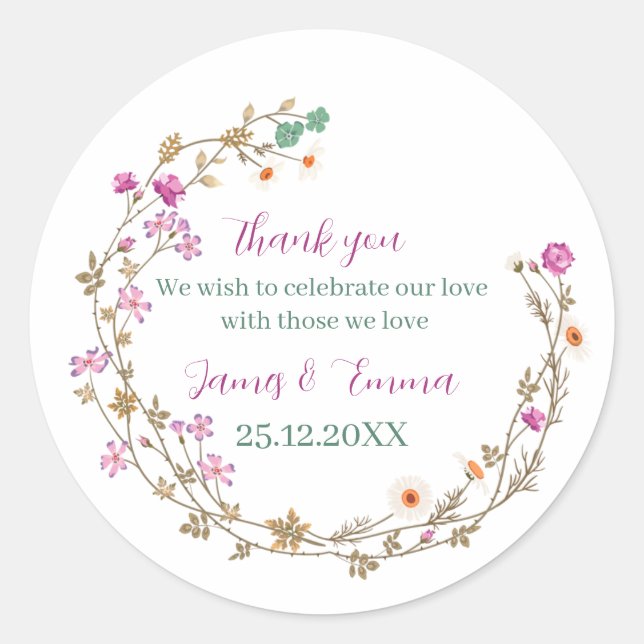 Pegatina Redonda Elegante árbol verde deja matrimonio personalizado (Anverso)