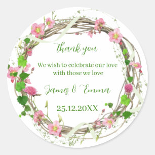 Pegatina Redonda Elegante árbol verde deja matrimonio personalizado