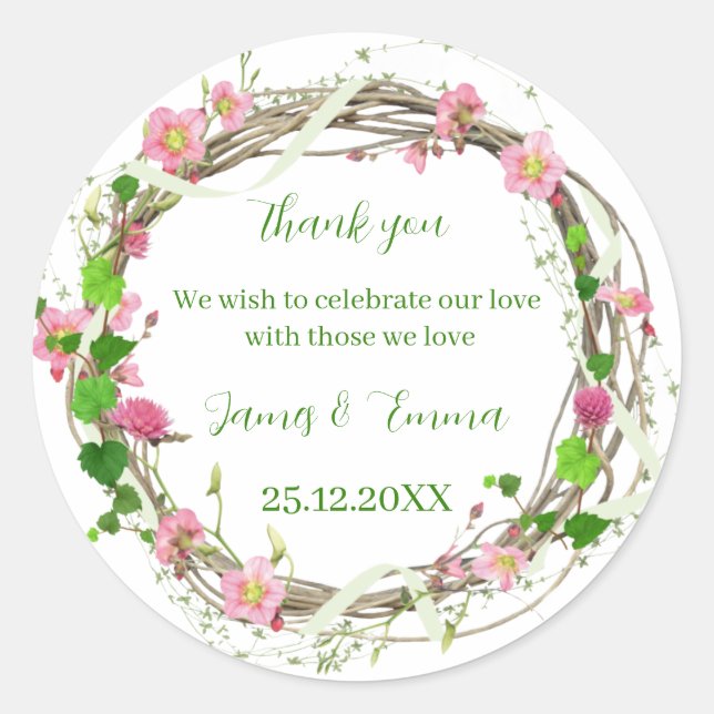 Pegatina Redonda Elegante árbol verde deja matrimonio personalizado (Anverso)