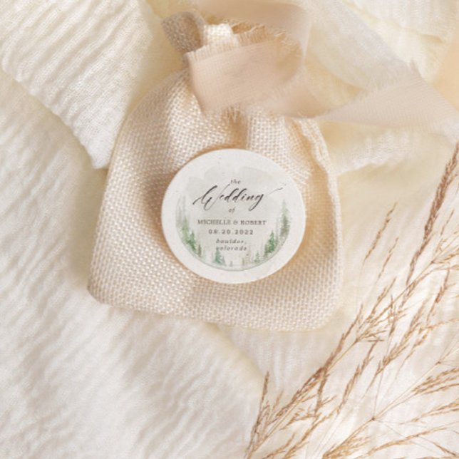 Pegatina Redonda Elegante Árboles de pino de acuarela rústica (Subido por el creador)