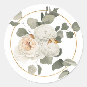 Pegatina Redonda Elegante arreglo floral blanco sobre blanco