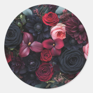 Pegatina Redonda Elegante Arreglo Floral Oscuro Con Rosas