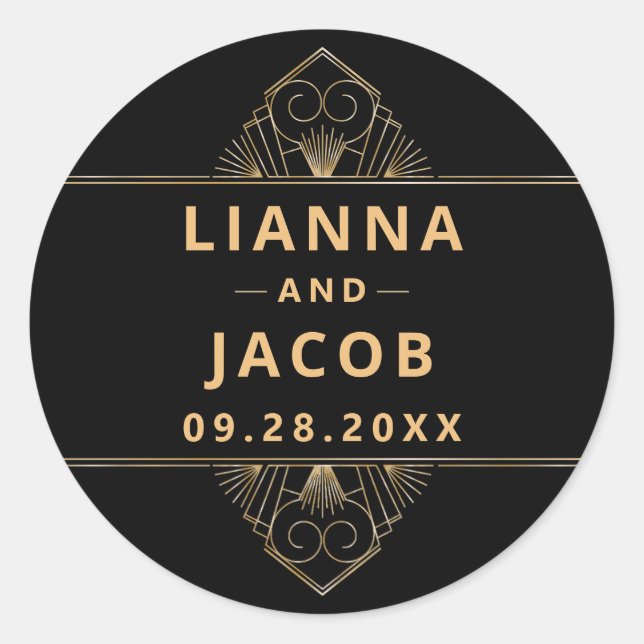 Pegatina Redonda Elegante Art Deco Oro Negro (Anverso)