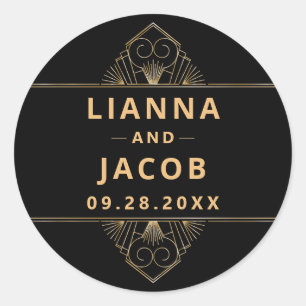 Pegatina Redonda Elegante Art Deco Oro Negro