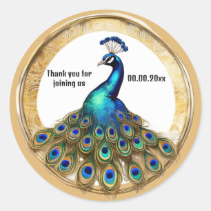 Pegatina Redonda Elegante arte acuático redondo de pavo real