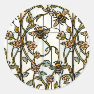 Pegatina Redonda Elegante arte nuevo botánico abeja vidrio teñido