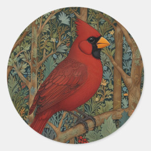 Pegatina Redonda Elegante ave roja retro cardenal Art Nouveau
