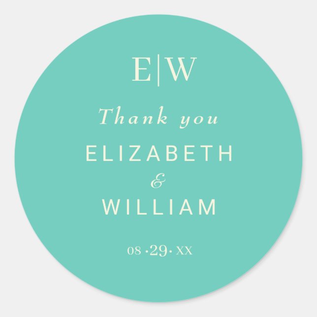 Pegatina Redonda Elegante Awe Acuático Simple con Monograma Boda (Anverso)