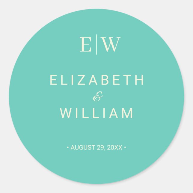 Pegatina Redonda Elegante Awe Acuático Simple con Monograma Boda (Anverso)