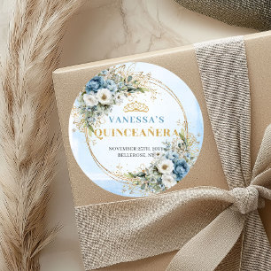 Pegatina Redonda Elegante Azul Pastel Dorado Eucalipto Quinceañera
