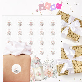 Pegatina Redonda Elegante Baby Girl Pink Elephant Baby Shower