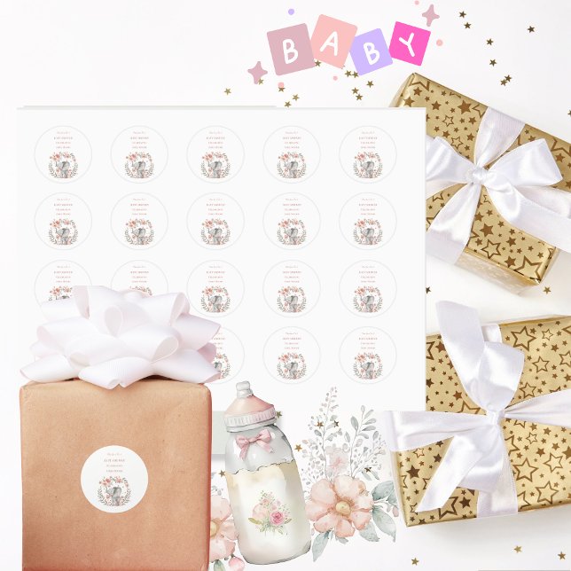 Pegatina Redonda Elegante Baby Girl Pink Elephant Baby Shower (Elegant Round Baby Shower Stickers)