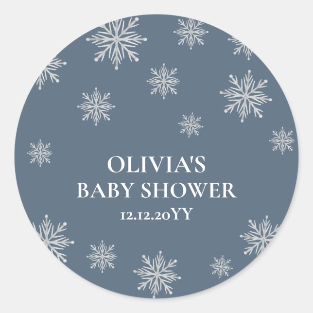 Pegatina Redonda Elegante Baby Shower Blue Boho Winter Snowflake (Anverso)