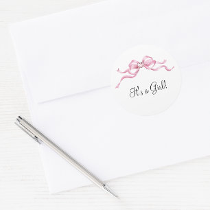 Pegatina Redonda Elegante Baby Shower Bow Rosa