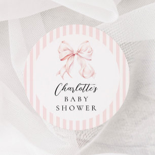 Pegatina Redonda Elegante Baby Shower Bow Rosa