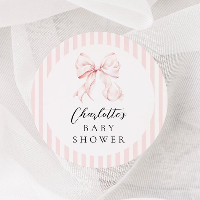 Pegatina Redonda Elegante Baby Shower Bow Rosa (Subido por el creador)
