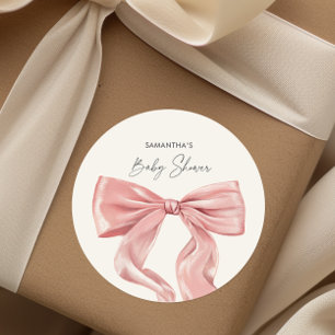Pegatina Redonda Elegante Baby Shower Bow Rosa