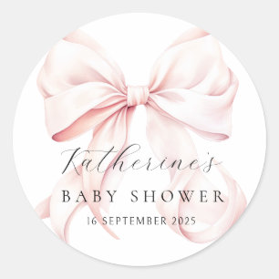Pegatina Redonda Elegante Baby Shower Bow Rosa