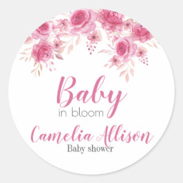 Pegatina Redonda Elegante Baby Shower con flores rosadas