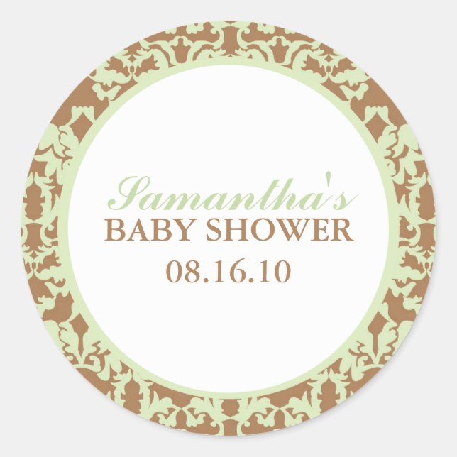 Pegatina Redonda Elegante Baby Shower Damask (Anverso)