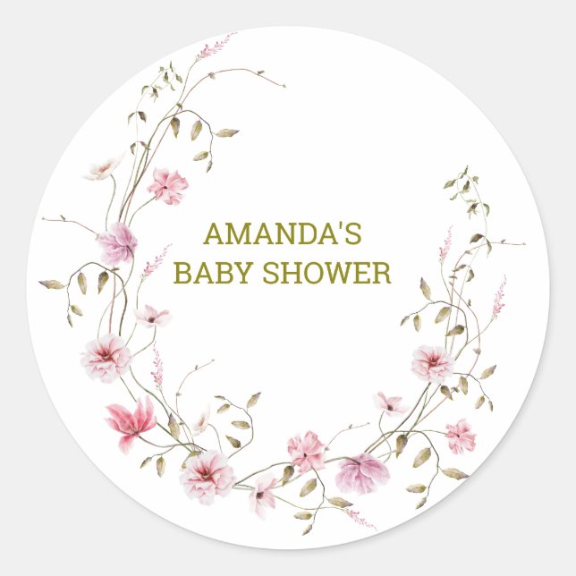 Pegatina Redonda Elegante Baby Shower de Flores Silvestres (Anverso)