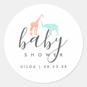 Pegatina Redonda Elegante Baby Shower de Jirafa Elefante