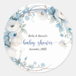Pegatina Redonda Elegante Baby Shower Dusty Blue Floral
