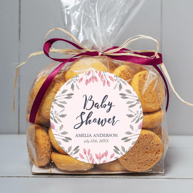 Pegatina Redonda Elegante Baby Shower floral de rosas rosadas (Subido por el creador)