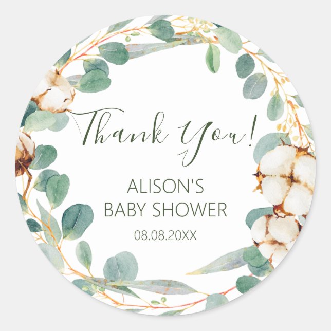 Pegatina Redonda Elegante Baby Shower Floral Eucalyptus Greenery (Anverso)