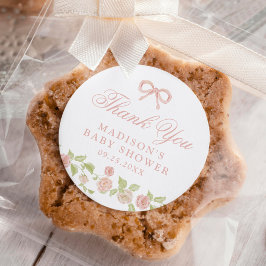 Pegatina Redonda Elegante Baby Shower floral rosa encantado