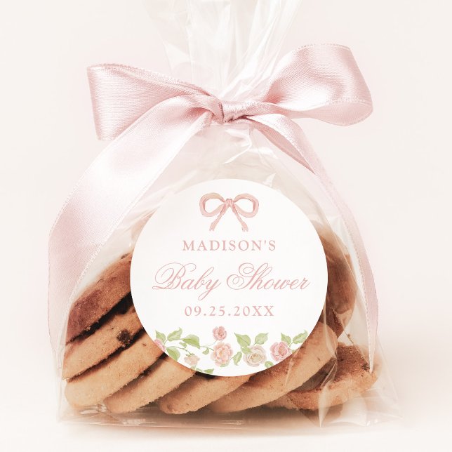 Pegatina Redonda Elegante Baby Shower floral rosa encantado (Choose small or large stickers for your special event!)