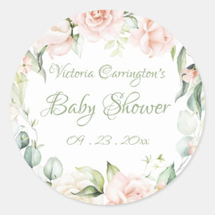 Pegatina Redonda Elegante Baby Shower Floral Verde Sabio