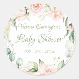 Pegatina Redonda Elegante Baby Shower Floral Verde Salvia 