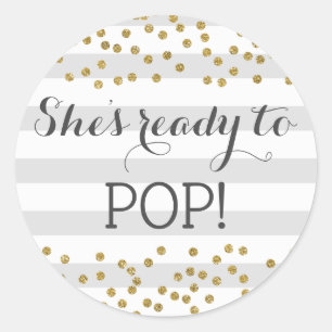Pegatina Redonda Elegante Baby Shower Gold Neutral gris listo para 