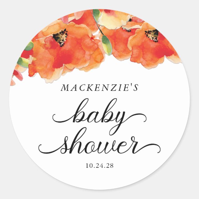 Pegatina Redonda Elegante Baby Shower Golden Poppy (Anverso)