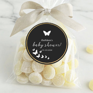 Pegatina Redonda Elegante Baby Shower Neutral De Género Blanco Y Ne