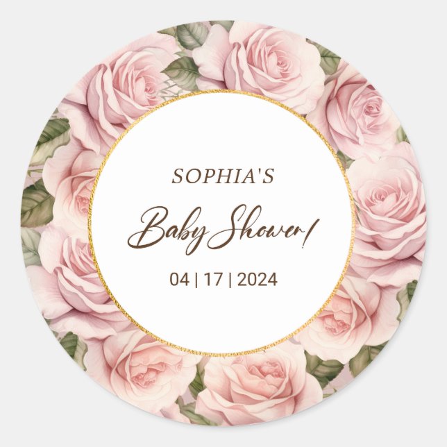 Pegatina Redonda Elegante Baby Shower rosa (Anverso)