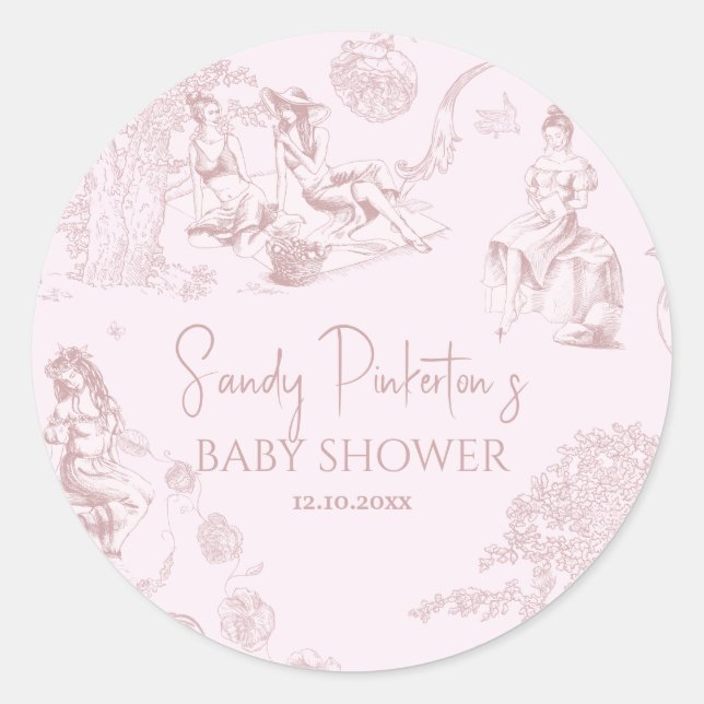 Pegatina Redonda Elegante Baby Shower rosado de Jouy Picnic (Anverso)