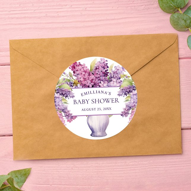 Pegatina Redonda Elegante Baby Shower Rústico Morado Lilac Moderno (Elegant Purple Lilac Modern Rustic Baby Shower Classic Round Sticker)