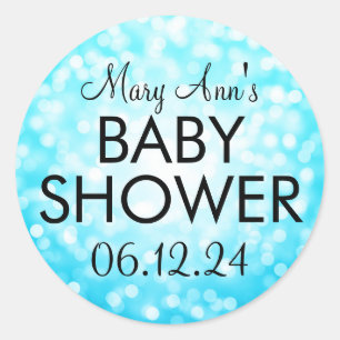 Pegatina Redonda Elegante Baby Shower Turquoise Purpurinas Luces