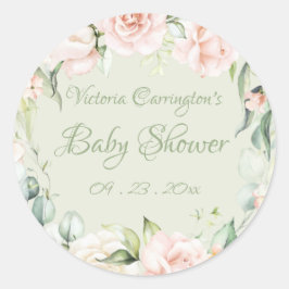 Pegatina Redonda Elegante Baby Shower verde azaroso floral