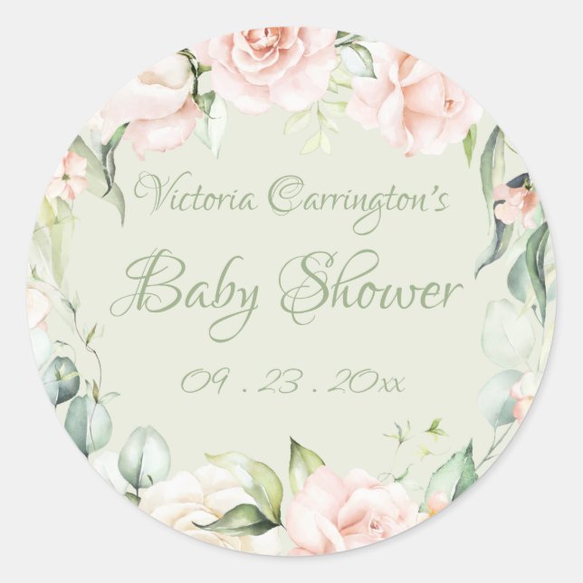 Pegatina Redonda Elegante Baby Shower verde azaroso floral (Anverso)